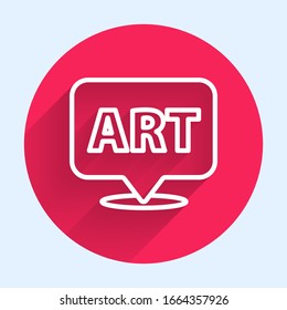 White line Speech bubble with text art icon isolated with long shadow. Message icon. Communication or comment chat symbol. Red circle button. Vector Illustration
