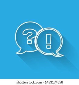 White line Speech bubbles with Question and Exclamation icon isolated with long shadow. FAQ sign. Copy files, chat speech bubble and chart.  Vector Illustration