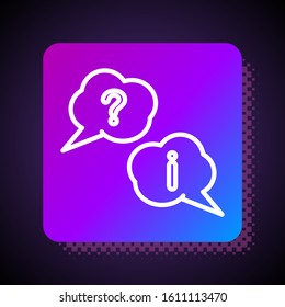White line Speech bubbles with Question and Exclamation icon isolated on black background. FAQ sign. Copy files, chat speech bubble and chart. Square color button. Vector Illustration