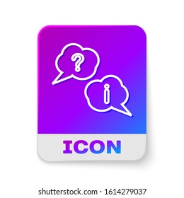 White line Speech bubbles with Question and Exclamation icon isolated on white background. FAQ sign. Copy files, chat speech bubble and chart. Rectangle color button. Vector Illustration