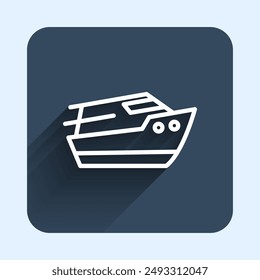 White line Speedboat icon isolated with long shadow background. Blue square button. Vector