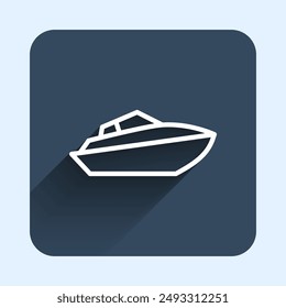 White line Speedboat icon isolated with long shadow background. Blue square button. Vector