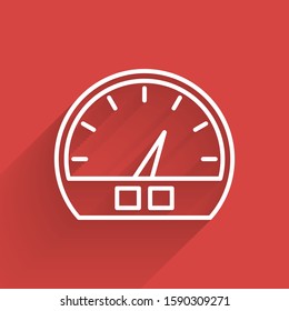 White line Speedometer icon isolated with long shadow.  Vector Illustration