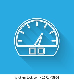 White line Speedometer icon isolated with long shadow.  Vector Illustration