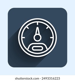 White line Speedometer icon isolated with long shadow background. Blue square button. Vector