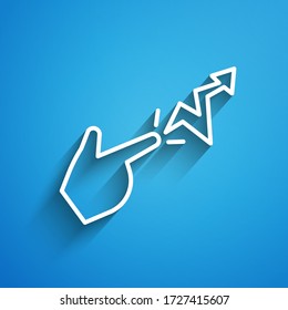 White line Spell icon isolated on blue background. The sorcerer hand performing spells. Long shadow. Vector Illustration