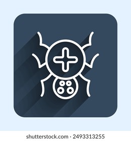 White line Spider icon isolated with long shadow background. Happy Halloween party. Blue square button. Vector