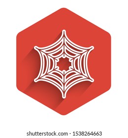 White line Spider web icon isolated with long shadow. Cobweb sign. Happy Halloween party. Red hexagon button. Vector Illustration