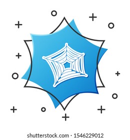 White line Spider web icon isolated on white background. Cobweb sign. Happy Halloween party. Blue hexagon button. Vector Illustration