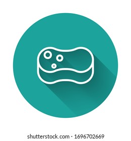 White line Sponge icon isolated with long shadow. Wisp of bast for washing dishes. Cleaning service concept. Green circle button. Vector Illustration