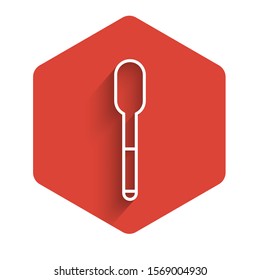 White line Spoon icon isolated with long shadow. Cooking utensil. Cutlery sign. Red hexagon button. Vector Illustration