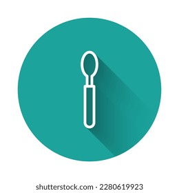 White line Spoon icon isolated with long shadow. Cooking utensil. Cutlery sign. Green circle button. Vector Illustration