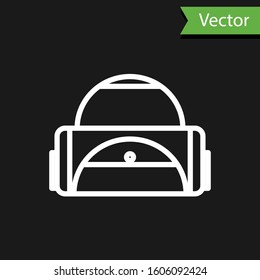 White line Sport bag icon isolated on black background.  Vector Illustration
