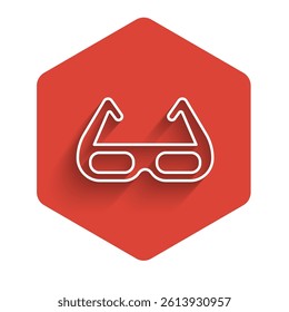 White line Sport cycling sunglasses icon isolated with long shadow. Sport glasses icon. Red hexagon button. Vector