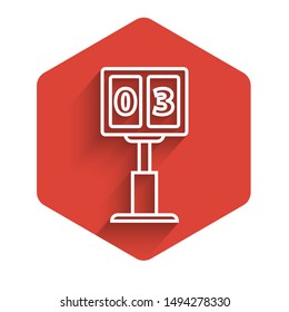 White line Sport football mechanical scoreboard and result display icon isolated with long shadow. Red hexagon button. Vector Illustration