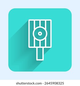 White line Spray can nozzle cap icon isolated with long shadow background. Green square button. Vector