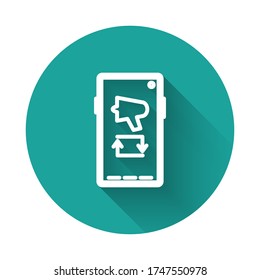 White line Spread the word, megaphone on mobile phone icon isolated with long shadow. Green circle button. Vector Illustration