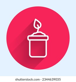 White line Sprout in bottle icon isolated with long shadow. Seed and seedling. Leaves sign. Leaf nature. Red circle button. Vector