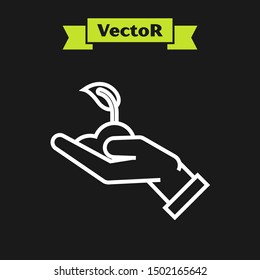 White line Sprout in hand of environmental protection icon isolated on black background. Seed and seedling. Planting sapling. Ecology concept. Vector Illustration White line Sprout in hand of environmental protection icon isolated on black background. Seed and seedling. Planting sapling. Ecology concept. Vector Illustration