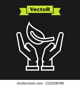 White line Sprout in hand of environmental protection icon isolated on black background. Seed and seedling. Planting sapling. Ecology concept.  Vector Illustration