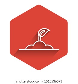 White line Sprout icon isolated with long shadow. Seed and seedling. Leaves sign. Leaf nature. Red hexagon button. Vector Illustration