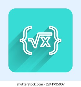 White line Square root of x glyph icon isolated with long shadow. Mathematical expression. Green square button. Vector