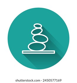 White line Stack hot stones icon isolated with long shadow. Spa salon accessory. Green circle button. Vector