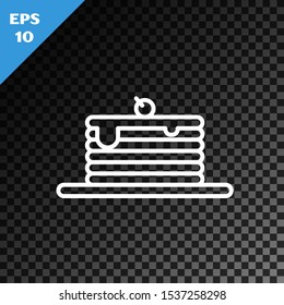 White line Stack of pancakes icon isolated on transparent dark background. Baking with syrup and cherry. Breakfast concept.  Vector Illustration