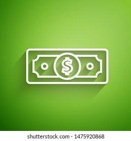 White line Stacks paper money cash icon isolated on green background. Money banknotes stacks. Bill currency.  Vector Illustration