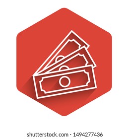 White line Stacks paper money cash icon isolated with long shadow. Money banknotes stacks. Bill currency.  Red hexagon button. Vector Illustration