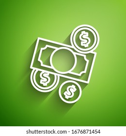 White line Stacks paper money cash and coin money with dollar symbol icon isolated on green background. Money banknotes stacks.  Vector Illustration