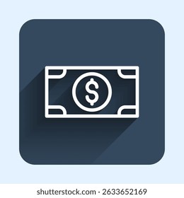 White line Stacks paper money cash icon isolated with long shadow background. Money banknotes stacks. Bill currency. Blue square button. Vector