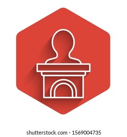 White line Stage stand or debate podium rostrum icon isolated with long shadow. Conference speech tribune. Red hexagon button. Vector Illustration