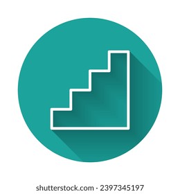 White line Staircase icon isolated with long shadow. Green circle button. Vector