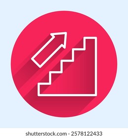 White line Stairs up icon isolated with long shadow. Red circle button. Vector