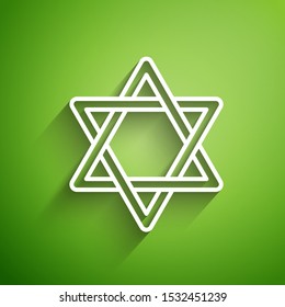 White line Star of David icon isolated on green background. Jewish religion symbol. Symbol of Israel.  Vector Illustration