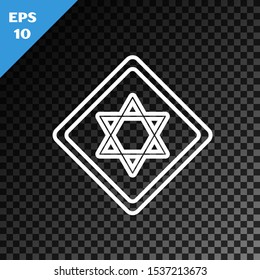 White line Star of David icon isolated on transparent dark background. Jewish religion symbol. Symbol of Israel.  Vector Illustration
