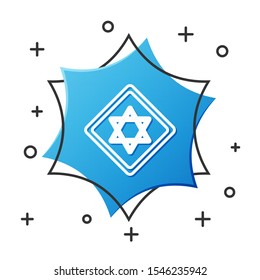 White line Star of David icon isolated on white background. Jewish religion symbol. Symbol of Israel. Blue hexagon button. Vector Illustration