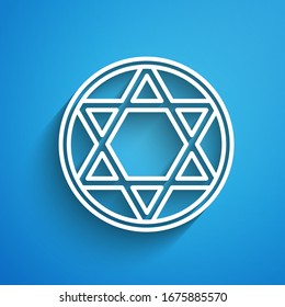 White line Star of David icon isolated on blue background. Jewish religion symbol. Symbol of Israel. Long shadow. Vector Illustration