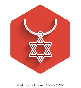 White line Star of David necklace on chain icon isolated with long shadow. Jewish religion symbol. Symbol of Israel. Jewellery and accessory. Red hexagon button. Vector Illustration