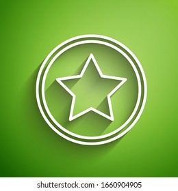 White line Star icon isolated on green background. Favorite, best rating, award symbol.  Vector Illustration