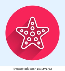 White line Starfish icon isolated with long shadow. Red circle button. Vector Illustration