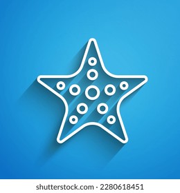 White line Starfish icon isolated on blue background. Long shadow. Vector
