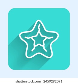 White line Starfish icon isolated with long shadow. Green square button. Vector