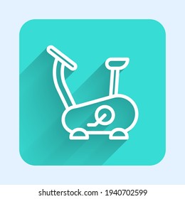 White line Stationary bicycle icon isolated with long shadow. Exercise bike. Green square button. Vector