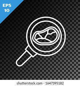White line Steak meat in frying pan icon isolated on transparent dark background.  Vector Illustration