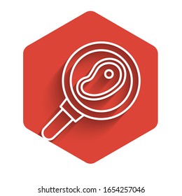 White line Steak meat in frying pan icon isolated with long shadow. Red hexagon button. Vector Illustration