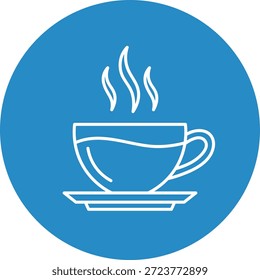 White line steaming coffee cup on blue circle background hot drink beverage
