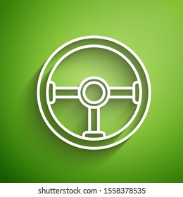 White line Steering wheel icon isolated on green background. Car wheel icon.  Vector Illustration