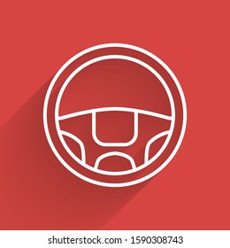 White line Steering wheel icon isolated with long shadow. Car wheel icon.  Vector Illustration